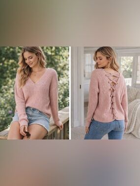 SO Heritage Pink Criss Cross Back Knit Women Sweater Size Small